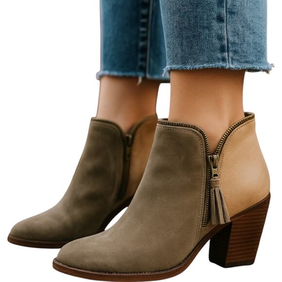 Joe’s Jeans Leather Suede Two Tone Taupe Tan Ankle Boots Size 10 Tasseled Zipper - Picture 1 of 12
